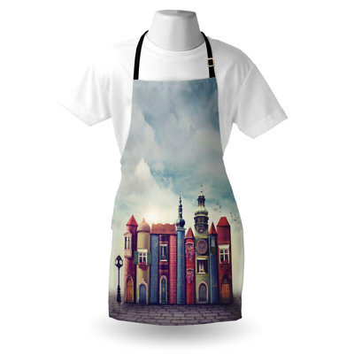 East Urban Home Fantasy Apron Unisex City of Old Books Birds Adult Size Red and Blue