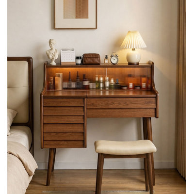 Mid Century Wood Vanity Table Set With Flip Mirror And Multiple Drawers