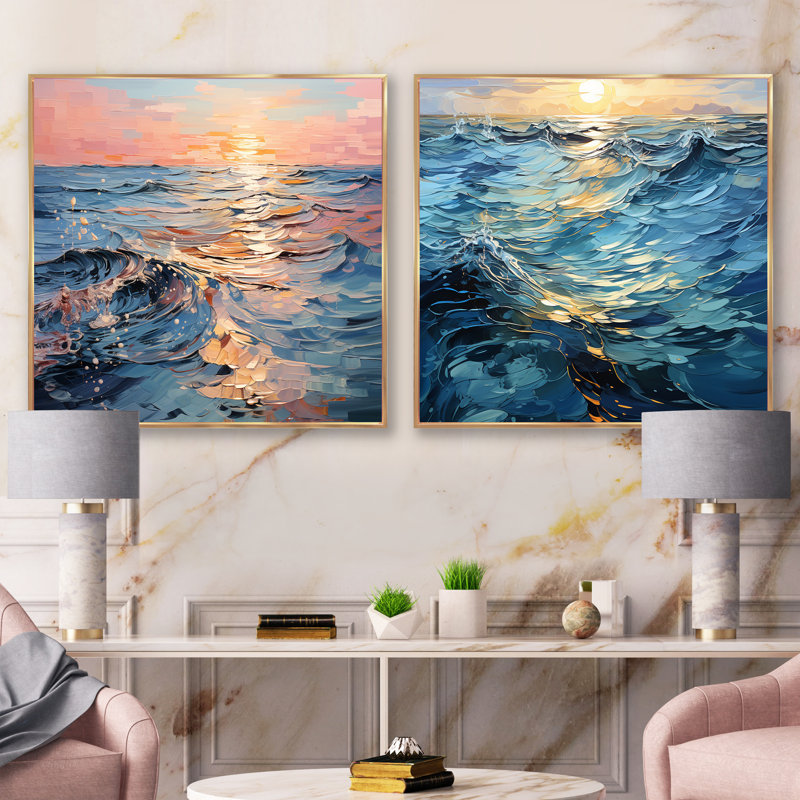 Sunset Tranquil Ripples - Sunset Collage, Cadre flottant doré, H 16 po x l 33 po