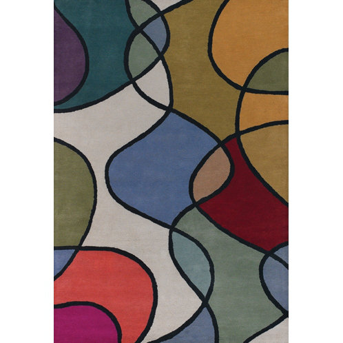 Tapis rouge/vert/jaune en laine touffeté à la main Stickel, Rectangle 5 pi x 7 pi 6 po