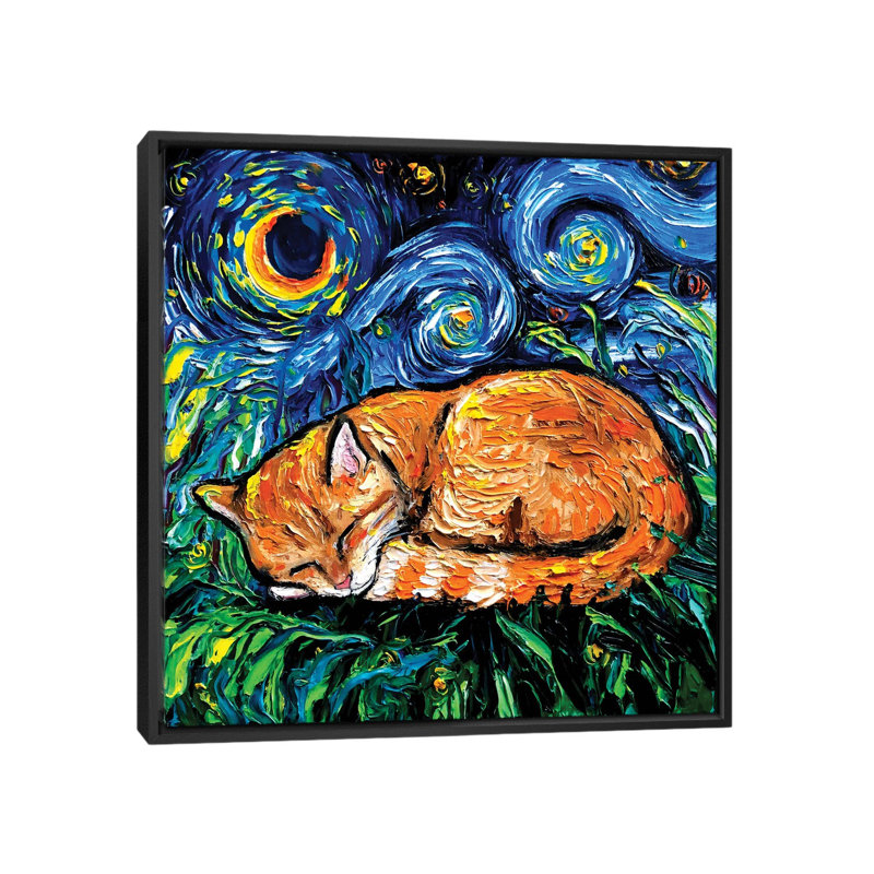 «Orange Tabby Night» par Aja Treves - reproduction d'art, H 26 po x l 26 po x P 1,5 po, Toile avec cadre noir, Pas de tapis