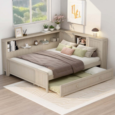 Lit de jour en bois avec tablettes de rangement et lit gigogne