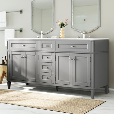 60'' Solid Wood Double Bathroom Vanity With Acrylic Top, Grey