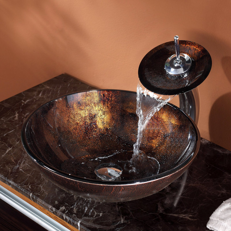 Glass Circular Vessel Bathroom Sink with Faucet, Chrome