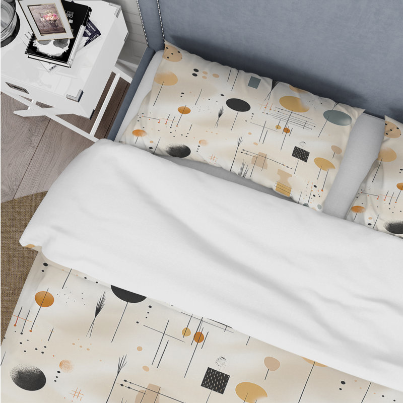 Literie bohème minimalisme beige avec fougères, Housse de couette pour grand lit et 2 taies décor