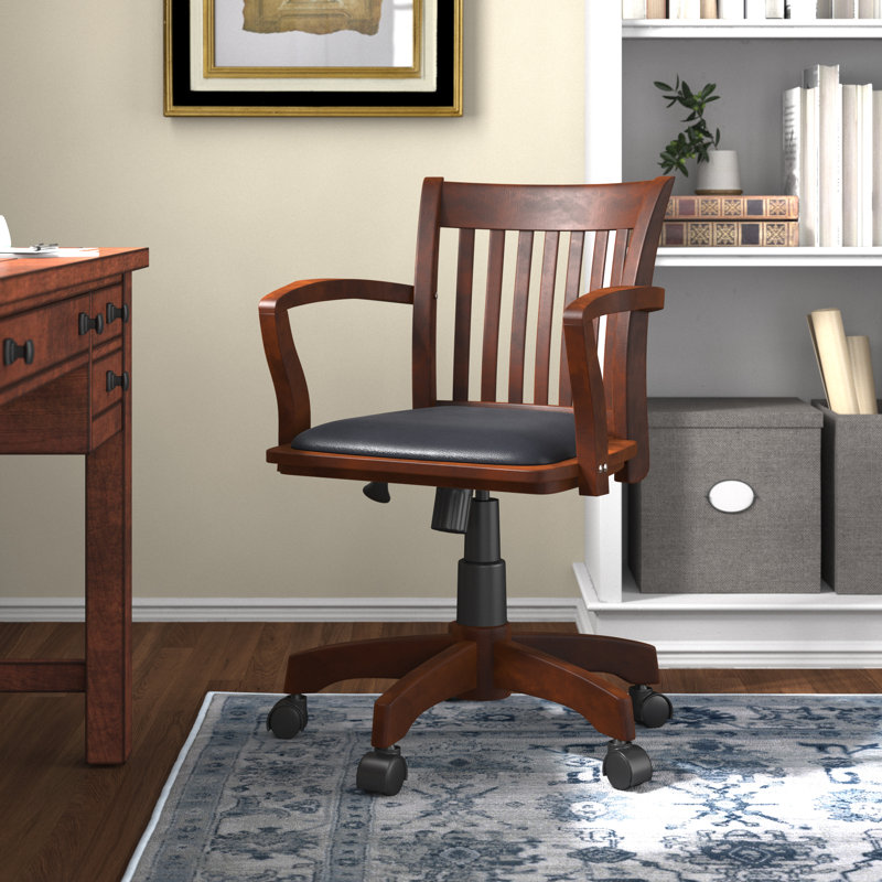 Espresso Wood Banker's Desk Chair with Black Vinyl Seat