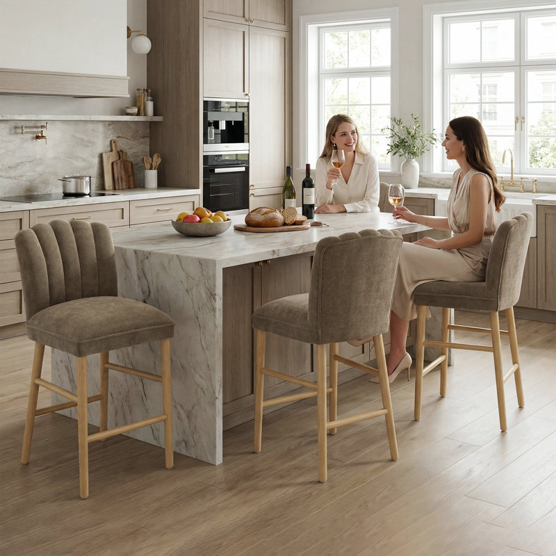 Mid-Century Petal Back Counter Height Bar Stools, Upholstered Bar Chairs with Solid Wood Frame, High Density Foam Cushion for Kitchen Island