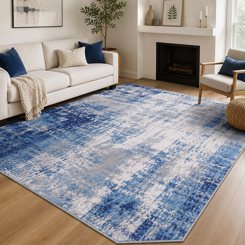 Tapis abstrait lavable bleu-gris de 152 x 213 cm avec envers antidérapant