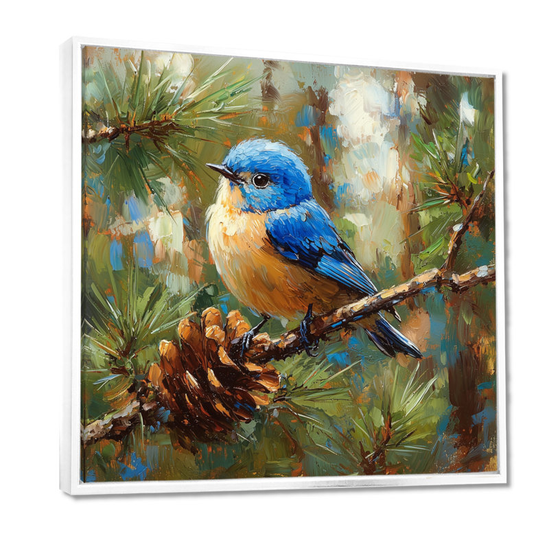 «Cheery Bluebird In The Pines II», art mural oiseau, Impression encadrée flottante, H 36 po x l 36 po, Blanc