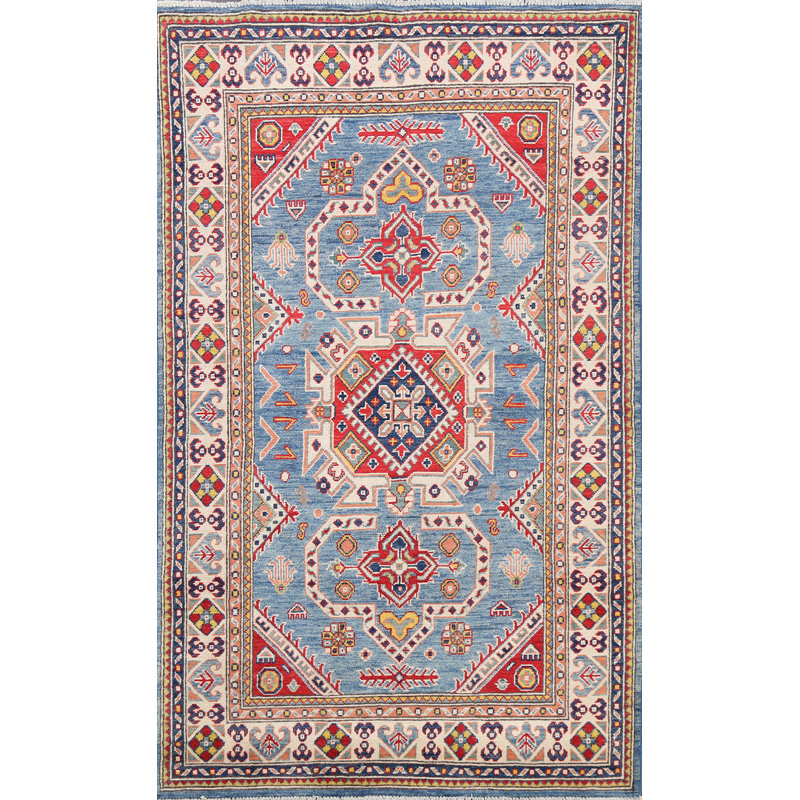 Tapis oriental à motif géométrique à motif de légumes Kazak noué à la main 4 x 6