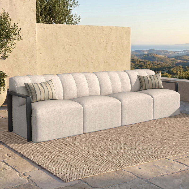 Canapé d'angle modulaire moderne en aluminium à structure ouverte, grand format, 4 pièces, avec coussins Sunbrella