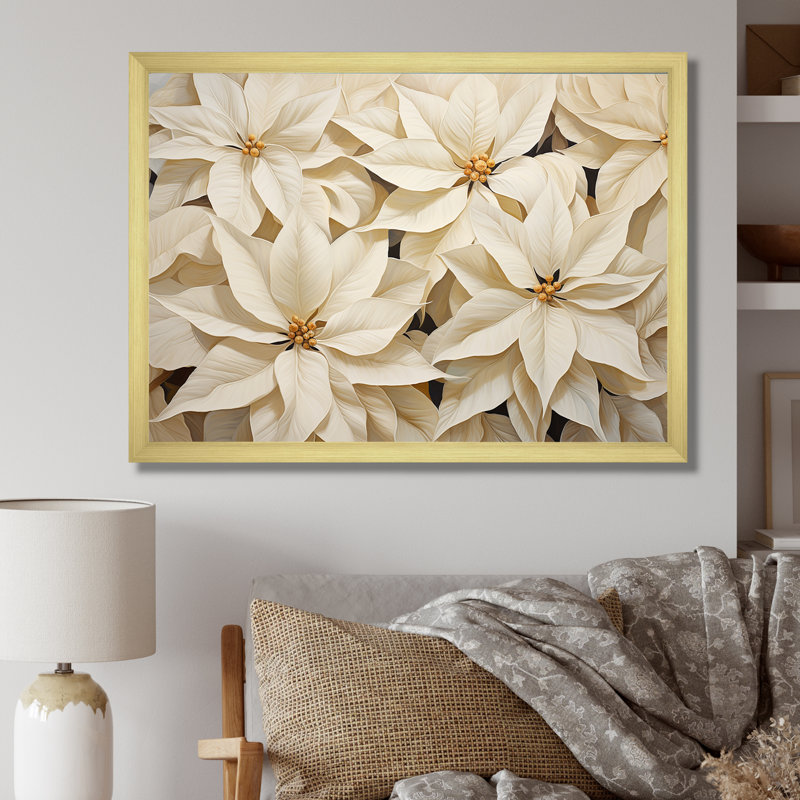 Éclat de poinsettia beige sur toile, H 34 po x l 44 po x P 1,5 po, Cadre photo doré simple