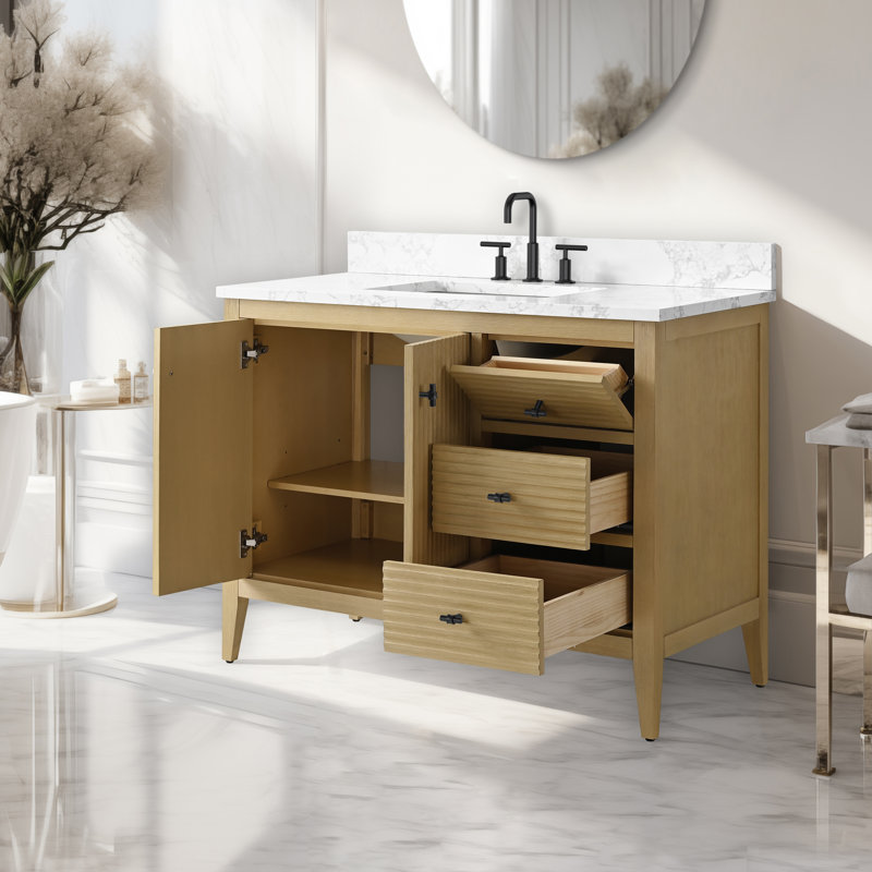 Ensemble de meuble-lavabo autoportant à simple cuve 42 po avec plateau en marbre Lavallon, Chêne naturel linéaire, Noir mat