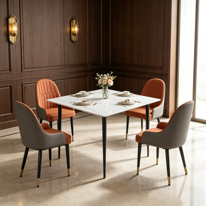 4 -Person Marble Dining Set, White, Orange/Grey