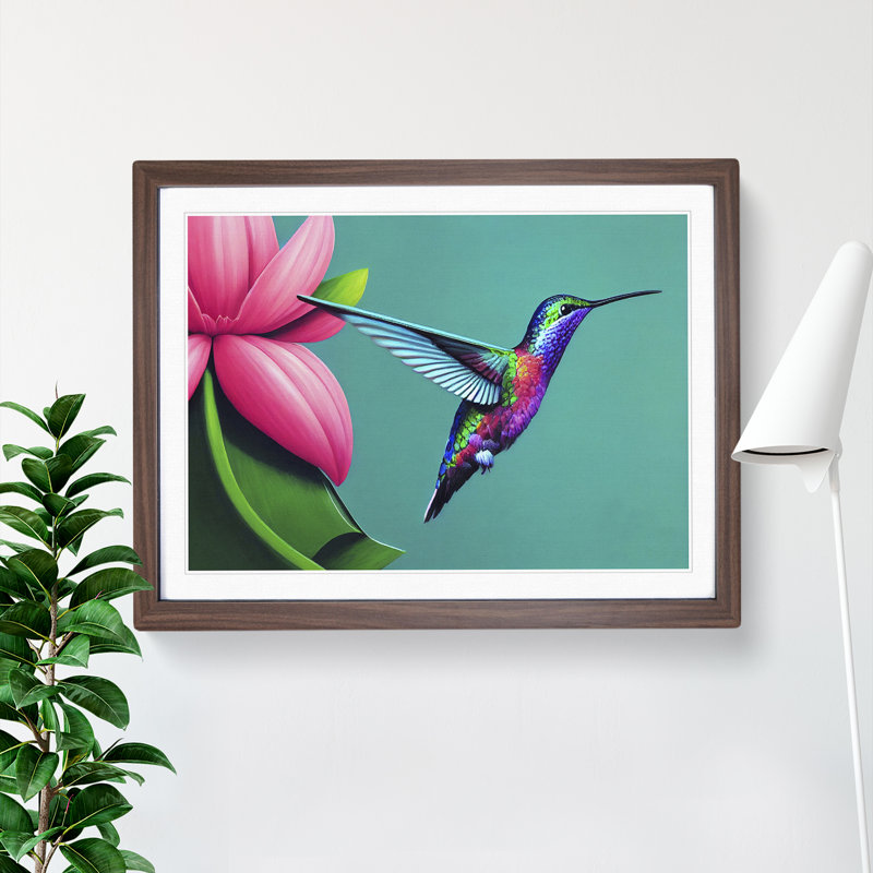 Timeless Floral Hummingbird - Single Picture Frame Print, 46cm H x 64cm W x 2cm D, Walnut Framed