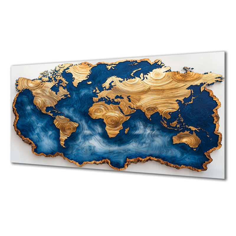 Sapphire World Map Wood Slide - Art mural en métal carte du monde, impression d'art moderne en métal, H 28 po x l 60 po
