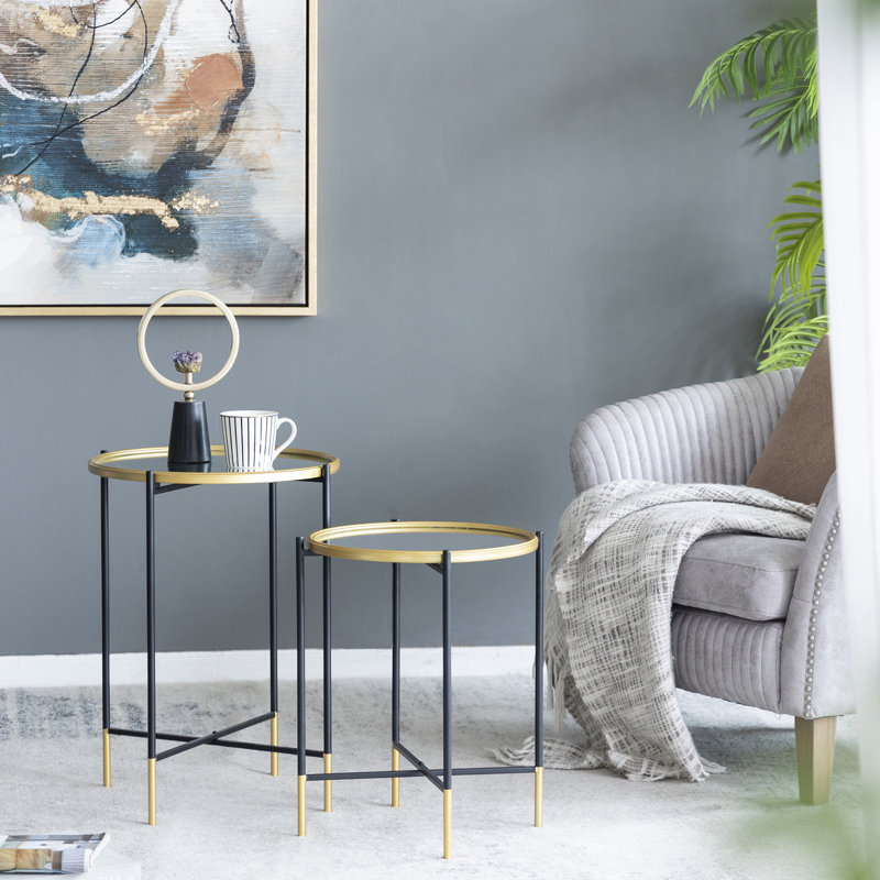 Set of 2 Gold and Black Metal Side Tables with Glass Top
