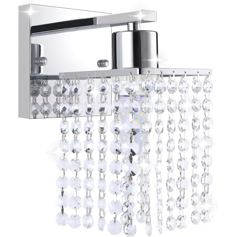 Modern Crystal Wall Sconce With Adjustable Corn Light, Clear Crystal Drops Shade & Base For Bedroom, Bathroom, Silver