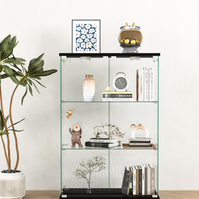 Vitrine moderne en verre avec lumières à DEL, 2 portes, 3 tablettes, transparente et noire, à assemblage rapide, convient au salon et à la chambre à coucher, H 47,9 po x l 32,36 po x l 14,0 po, épaisseur 5 mm