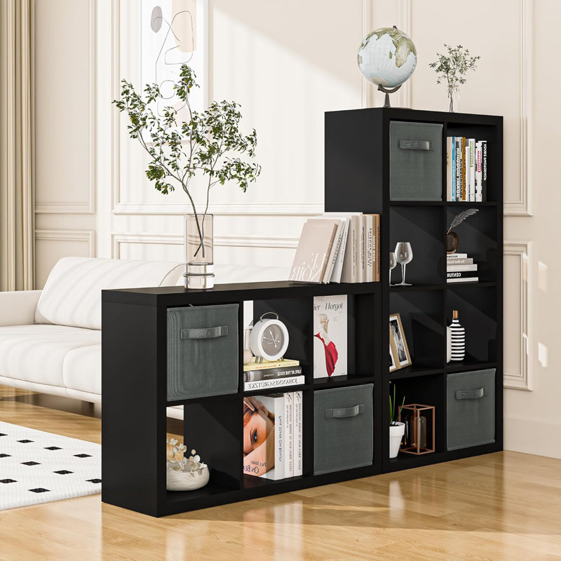 Bookshelf with Storage Bins, 20-Cube Storage Organizer Wooden Bookcase Modern Open Display Shelf, Black
