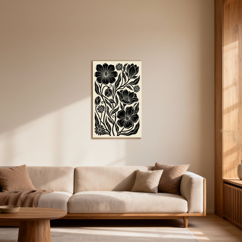 Plantes et fleurs, motif floral noir et blanc, H 18 po x l 12 po