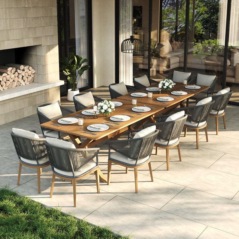 Ensemble repas extérieur pour 12 personnes avec coussins 12 personnes, Coussin beige / structure en bois brun