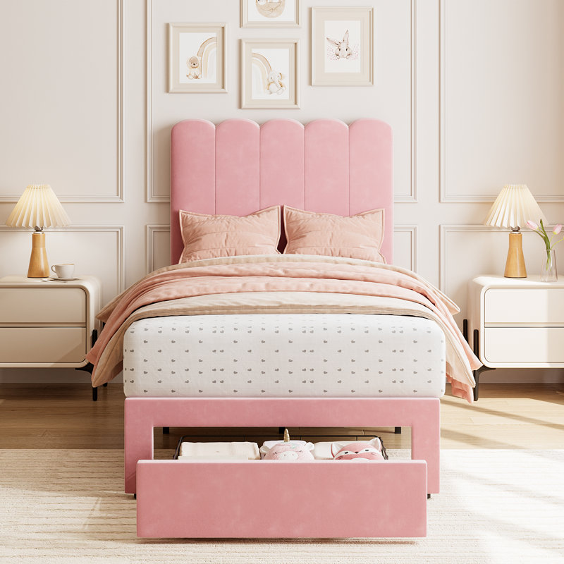 Lit plateforme simple tapissier Contemporary, Flanelle rose