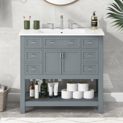 Meuble-lavabo 36 po avec lavabo supérieur, armoire de rangement moderne avec 2 portes à fermeture douce et 6 tiroirs, meuble-lavabo simple, meuble-lavabo