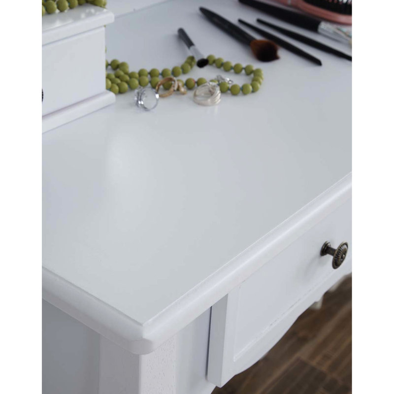 Wooden Vanity Make Up Table And Stool , White - Wood Construction With 3 Beveled Mirror Four Drawers Materials Fashionable Look