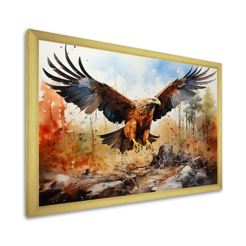 Aigle en vol chasse sur toile, Cadre doré simple, H 12 po x l 20 po x P 1 po