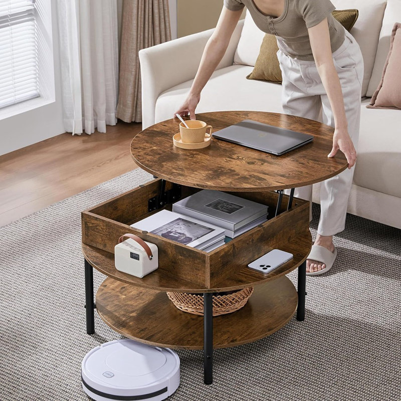 Table basse ronde à plateau relevable avec compartiment caché et tablette de rangement, tables basses de style campagnard 31 po, petite table de salle à manger ronde à 2 niveaux pour le salon, brun rustique