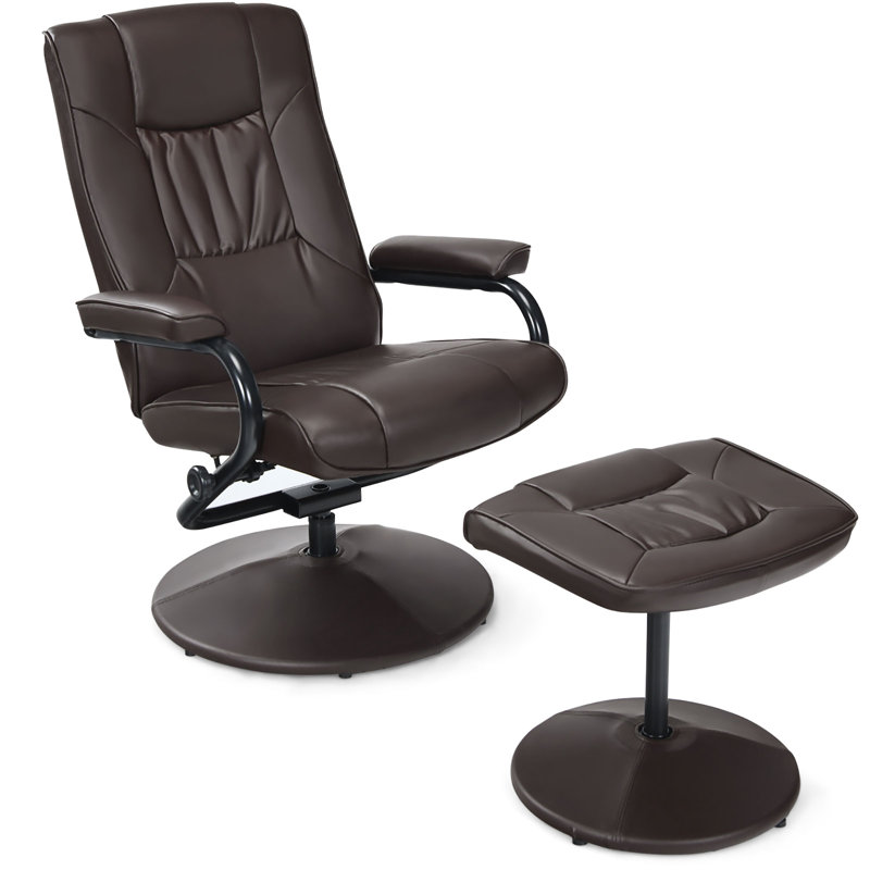 Mcabee Faux Leather Swivel Armchair with Ottoman, Brown Faux Leather
