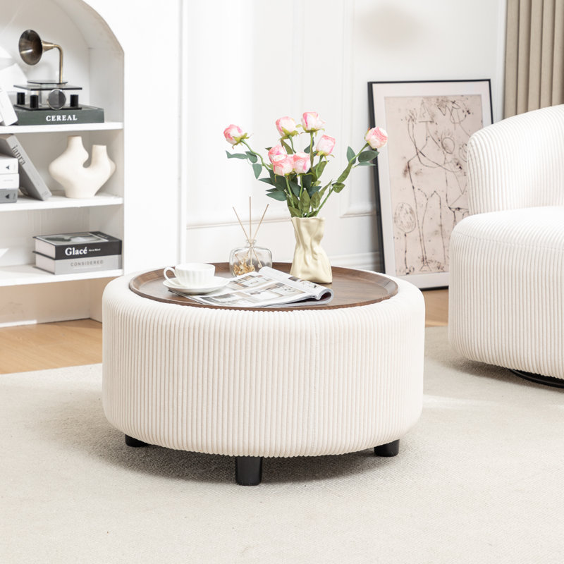 Pietsch Round Coffee Table with Storage, Beige Corduroy