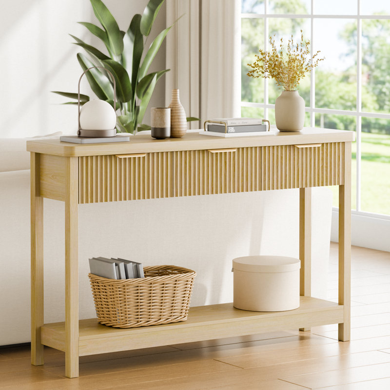 51-Inch Modern Water Ripple Console Table With 3 Wooden Drawers, Slim Entryway & Behind Sofa Table For Living Room, Hallway & Foyer, Farmhouse Accent