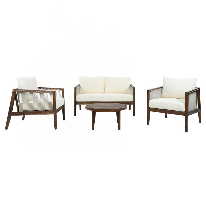 Ensemble de conversation d'extérieur 4 pièces avec cadre en bois d'acacia et détails de corde en brun foncé
