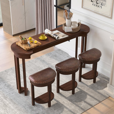 4 Piece Bar Table Set With3 PU Upholstered Bar Stools, Breakfast Table With 3 Padded Stools Solid Wood Counter Height Dining Table Set For Living Room