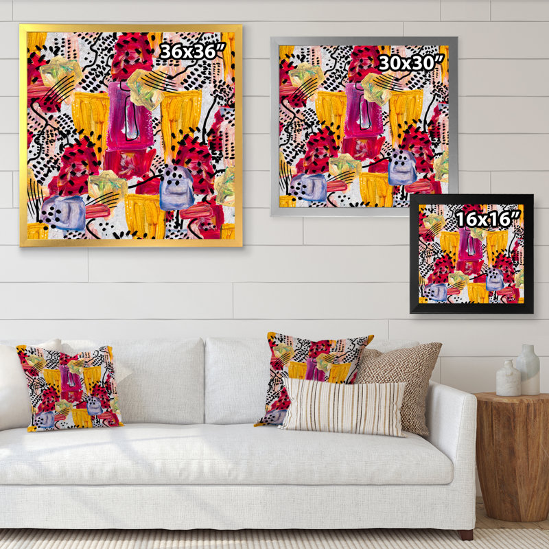 Motif géométrique rétro rouge et jaune - Peinture sur toile, H 30 po x l 30 po x P 1 po, Cadre photo noir