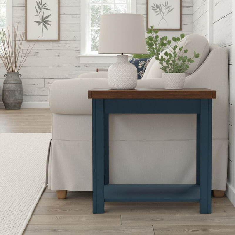 Table d'appoint Brixham 24 po, aucun assemblage requis, finition deux tons, Plateau en bois brun foncé / base bleue
