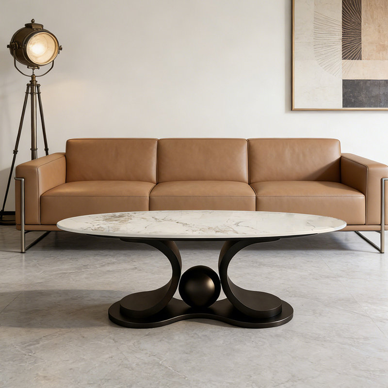 Table basse ovale Modern Fashion Home, 15,74 po H x 51,18 po L x 27,55 po l, Blanc / Gris, Noir