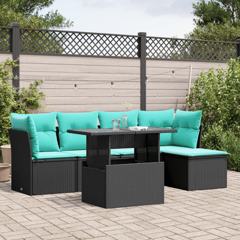 6 Piece Patio Sofa Set With Cushions Poly Rattan, Light Blue, Black