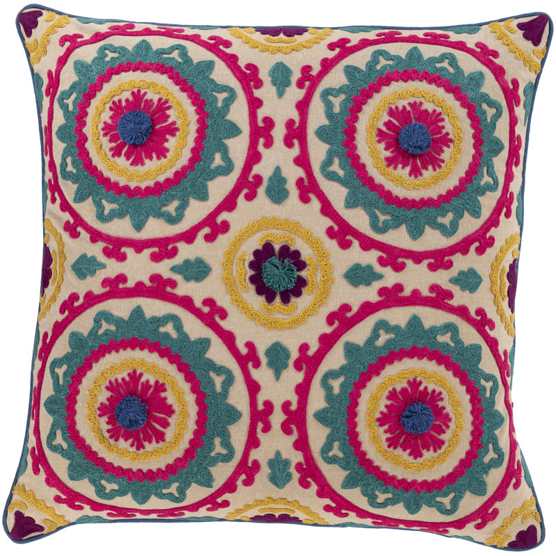 Khavi 22" Square Multicolor Embroidered Cotton Throw Pillow