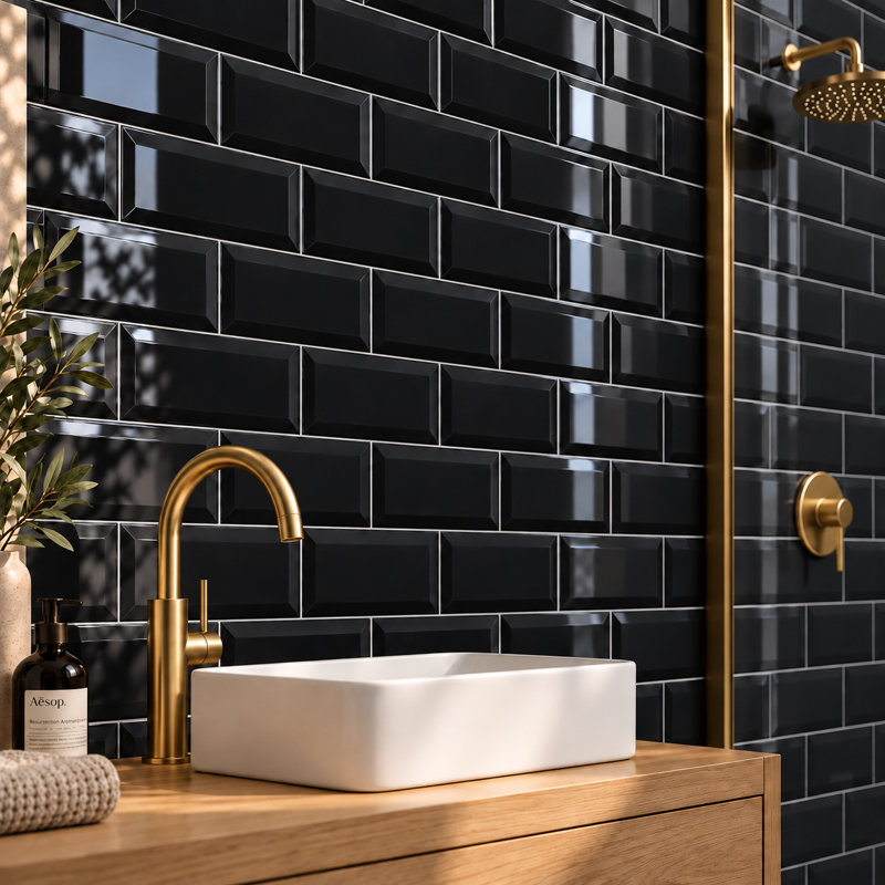  10cm x 20cm Bevelled Ceramic Subway Tile, Black