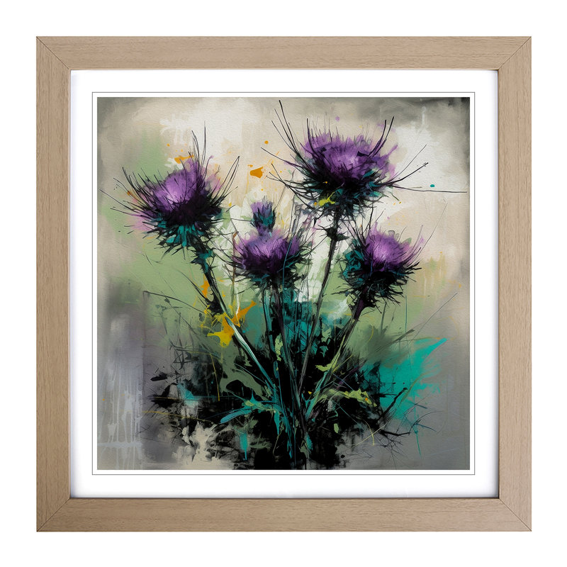 Thistle Gestural Art No.1 - Single Picture Frame Print on Wood, Oak