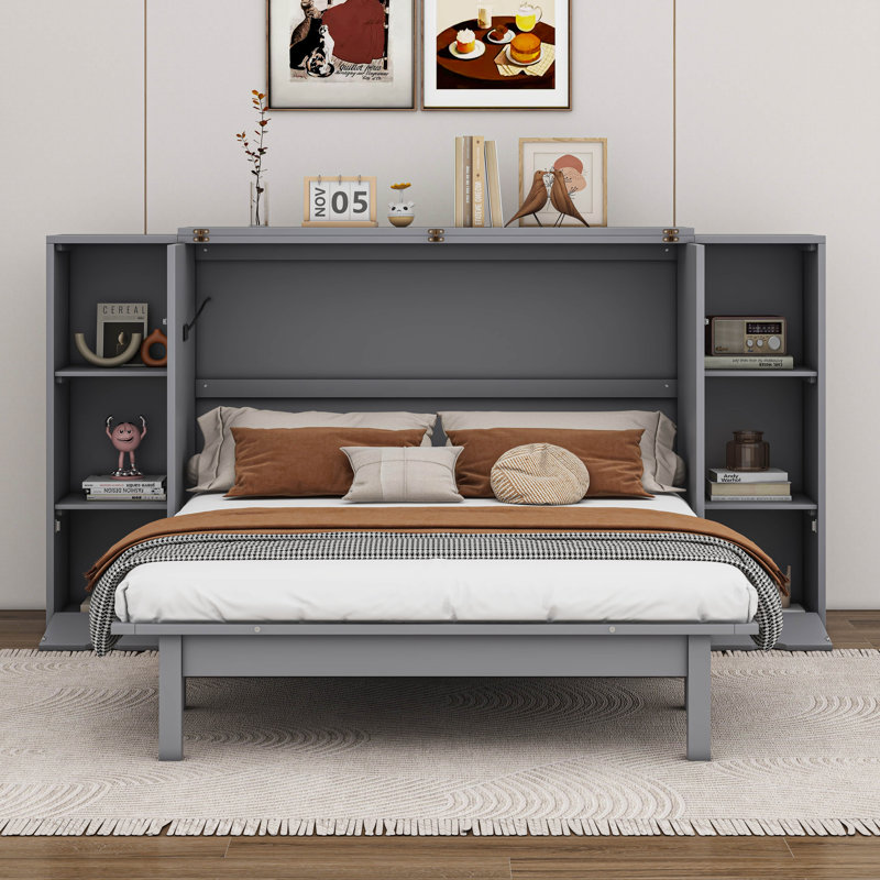 Lit escamotable double avec tablettes, tiroirs et ports USB, gris
