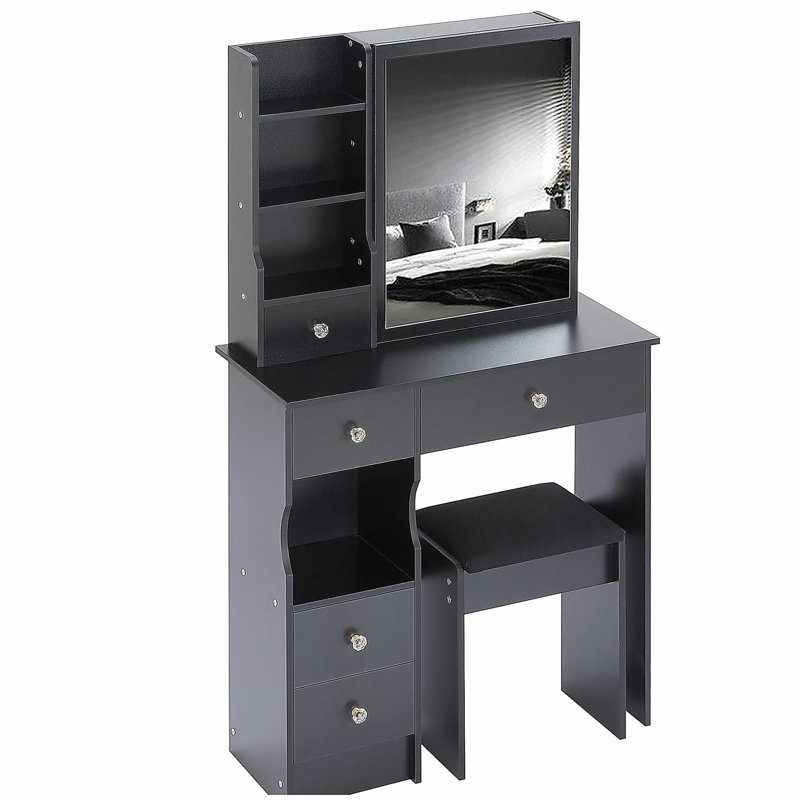 Petit meuble-lavabo de 29,2 po avec tiroir à gauche et tabouret rembourré, très grand miroir coulissant à droite, rangement multi-couches à grande capacité, commode pratique et pratique, convient aux petits espaces