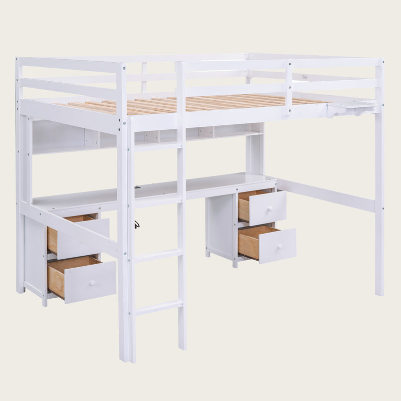 Lit mezzanine double avec bureau intégré, station de charge, armoires, tiroirs et plateau de chevet | Structure en bois massif et design maximisant le rangement