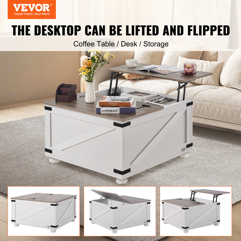 Gray and White Square Wooden Lift-Top Coffee Table with Storage