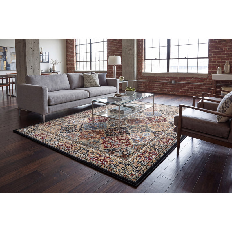 Tapis oriental bleu / noir / doré Attell, Rectangle 6 pi 7 po x 9 pi 6 po