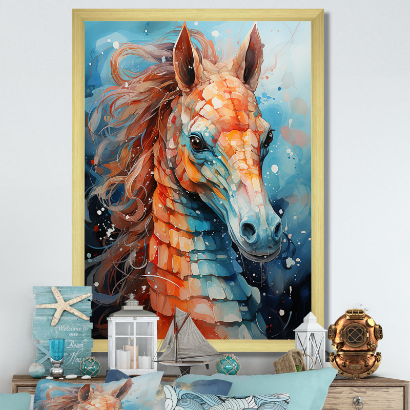 «Orange and Blue Seahorse Symphony 3», Encadrement doré, H 32 po x l 24 po x P 1 po