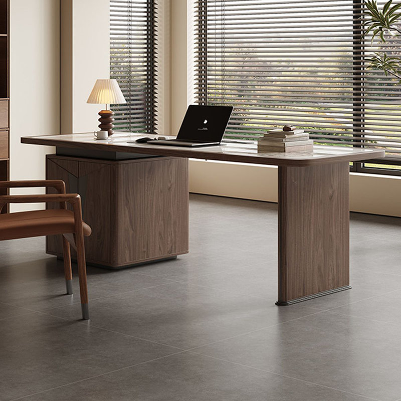 Bureau rectangulaire blanc et noyer clair, H 29,53 po x l 86,61 po x P 31,5 po, Retour à gauche